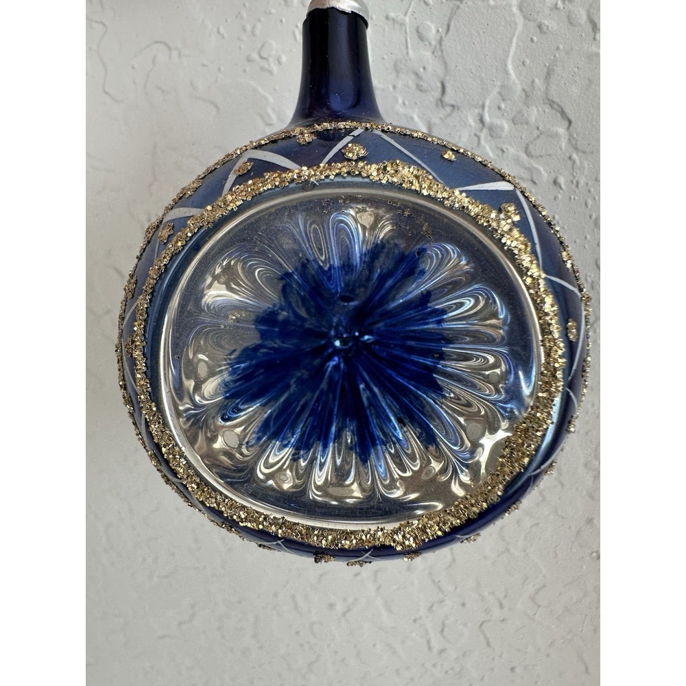 LOVELY DELICATE Vtg. COLOMBIA GLASS ORNAMENT w/ Indent BLUE GOLD Hand Painted!